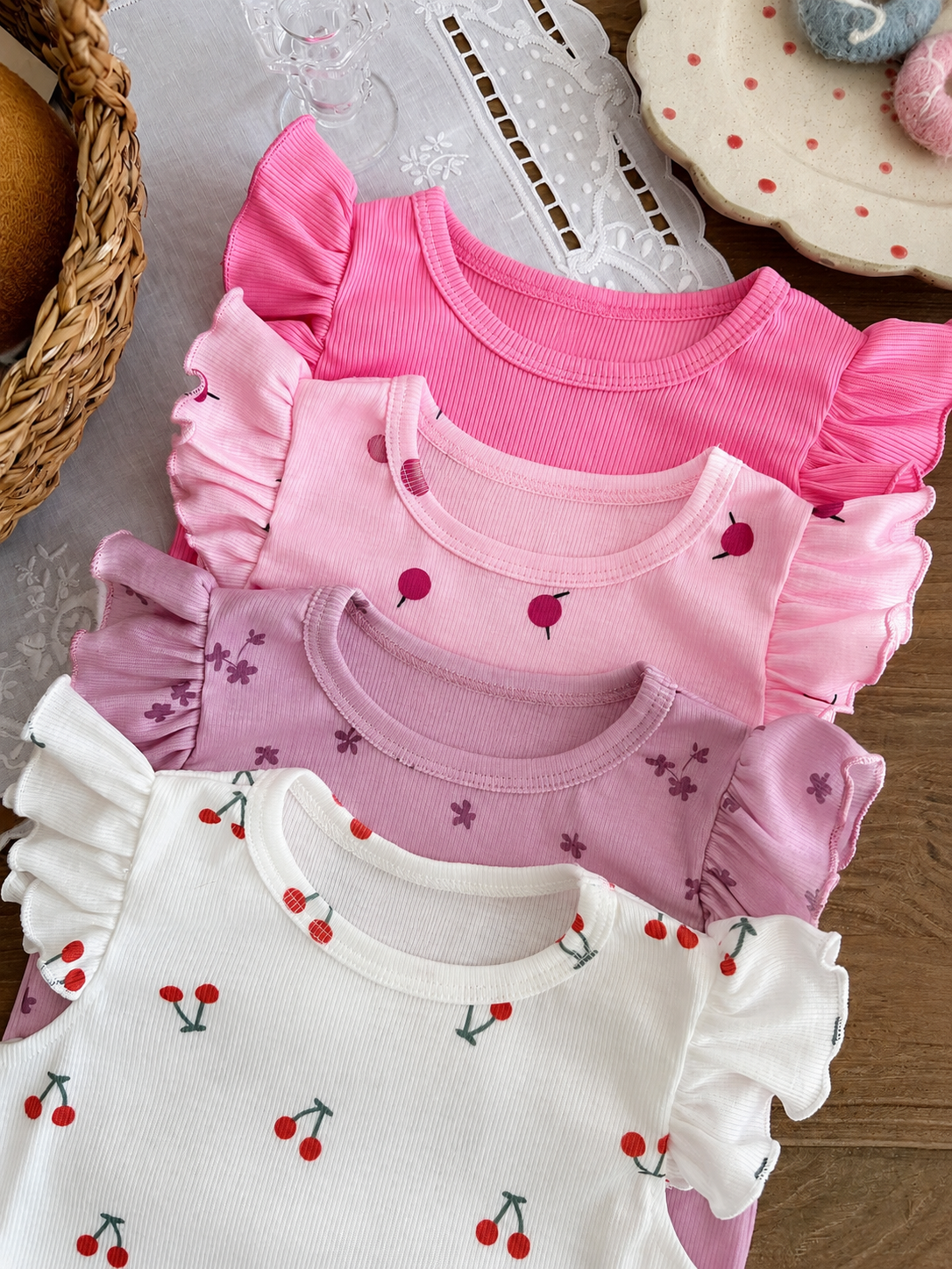 8-Piece Multi-Color Ribbed Short Sleeve Top and Shorts Set for Baby Girls