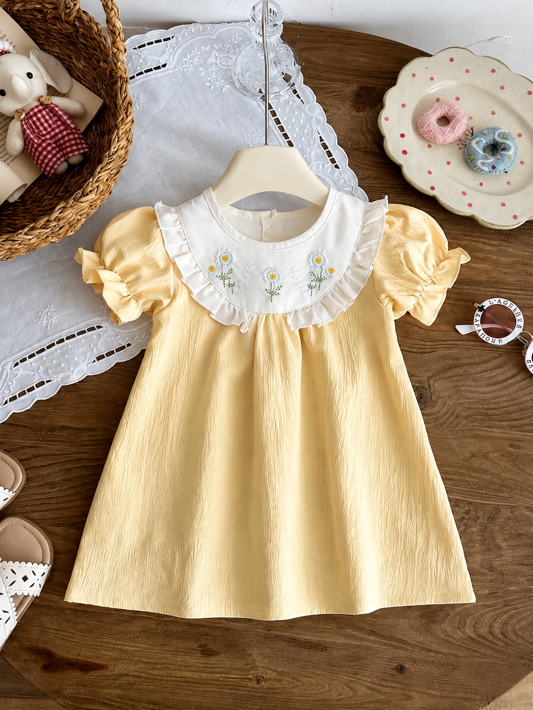 Infant Girl Peter Pan Collar Floral Embroidered Summer Dress for Casual Wear