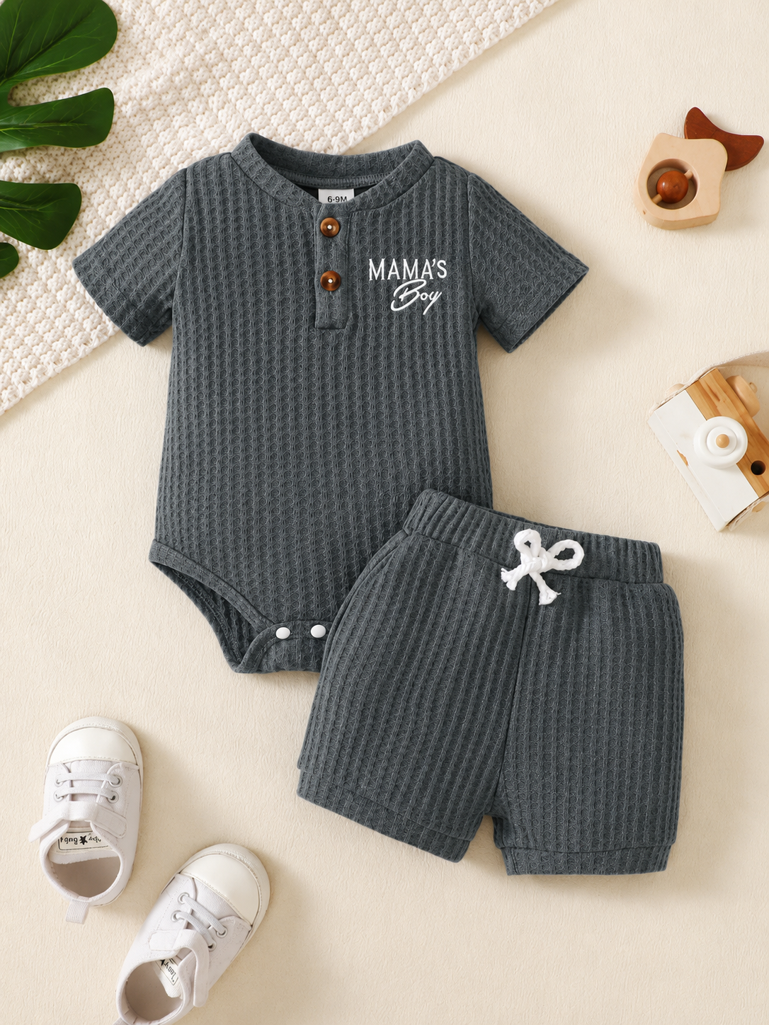 Baby Boy Solid Color Shorts Set - MAMA'S BOY Embroidered Summer Outfits