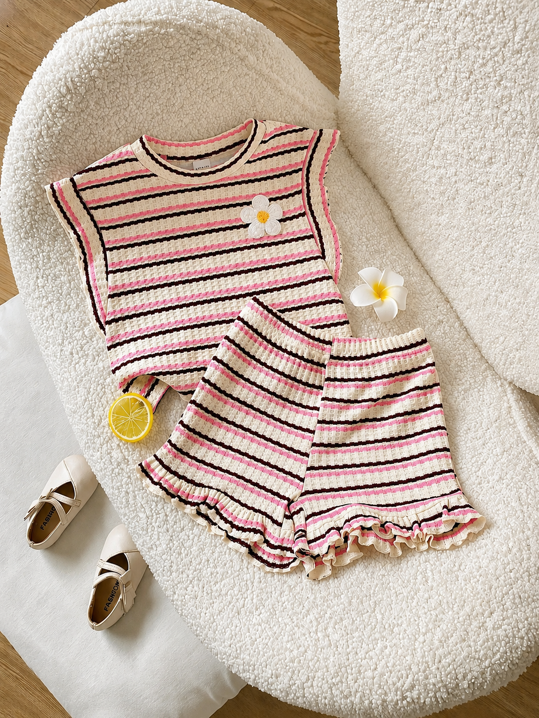 Baby Girl Black & White Striped Ruffle Sleeve T-Shirt & Shorts Set