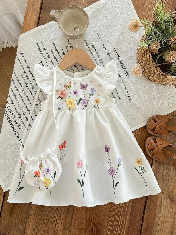 Infant Girl 2-Piece Embroidered Dress Set with Diagonal Shoulder Bag