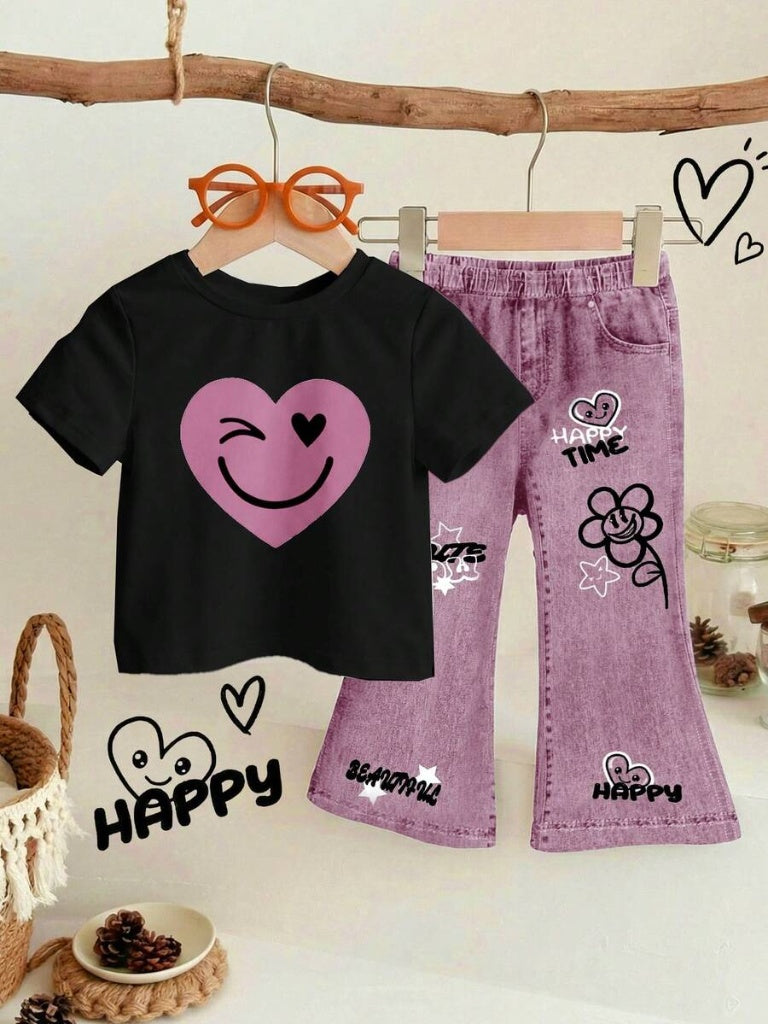 Soft Round Neck Short Sleeve Top and Flexible Flare Leg Trousers Casual Spring Summer Clothes Set for Girls