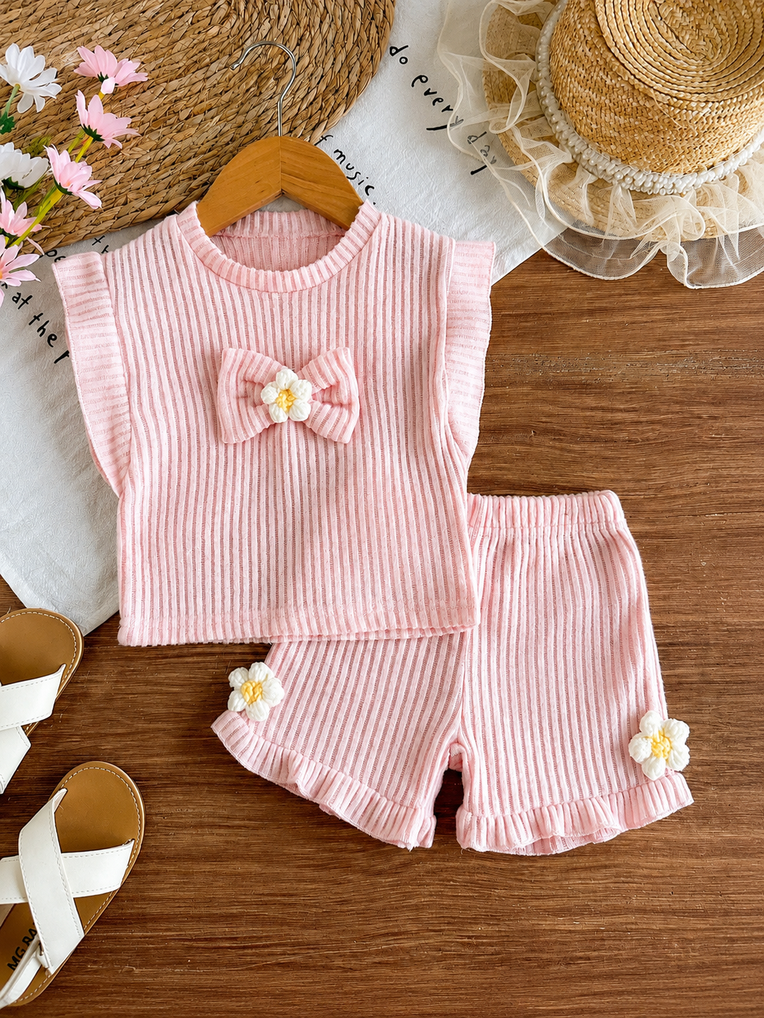 Baby Girl Black & White Striped Ruffle Sleeve T-Shirt & Shorts Set