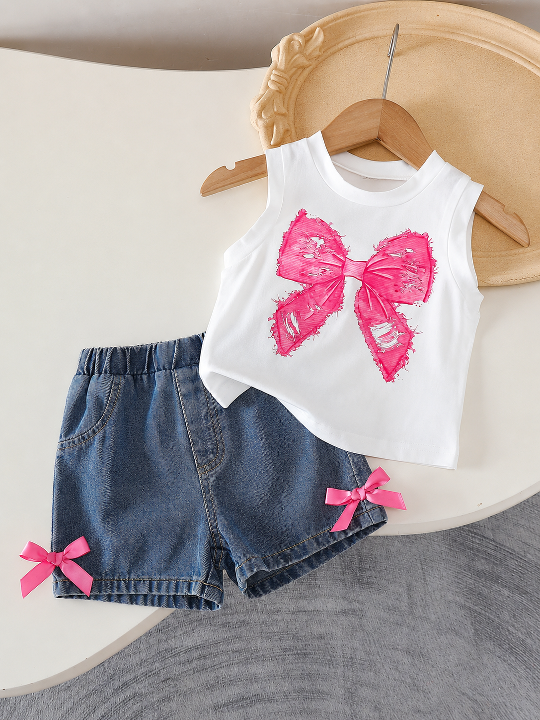 Baby Girl 2pcs Summer Blue Textured Top & Plaid Shorts Outfit