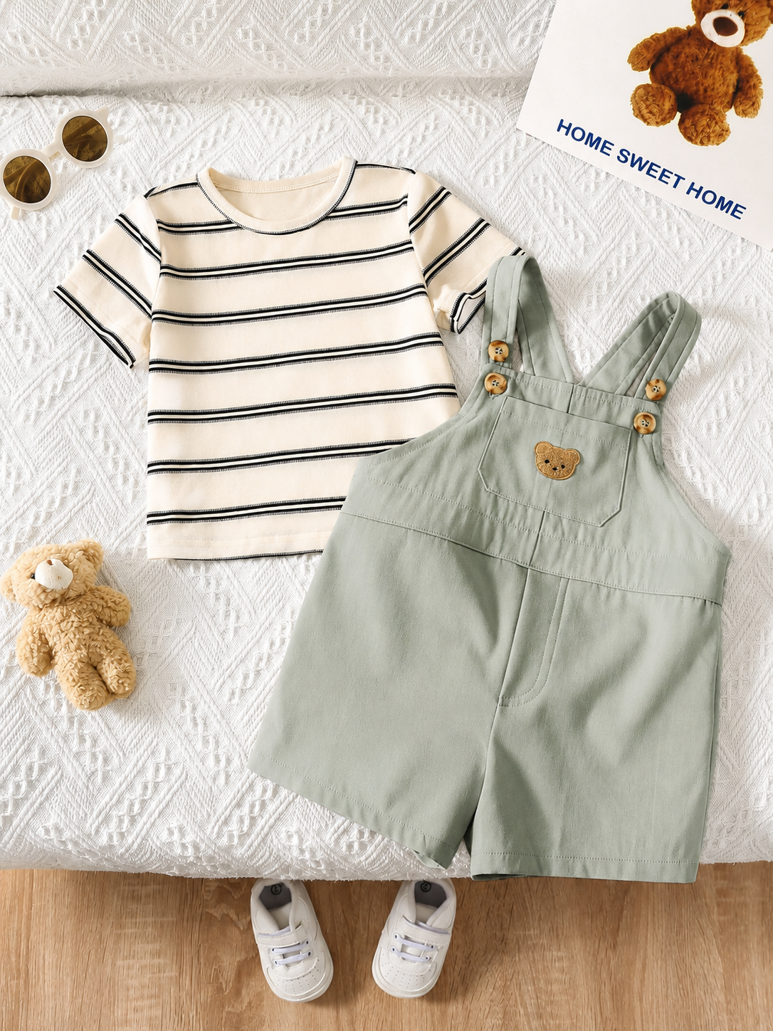2-Piece Toddler Boy Outfit: Black Graphic T-Shirt and Camo Bib Shorts