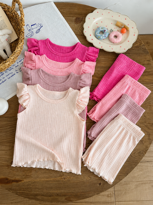 8-Piece Multi-Color Ribbed Short Sleeve Top and Shorts Set for Baby Girls