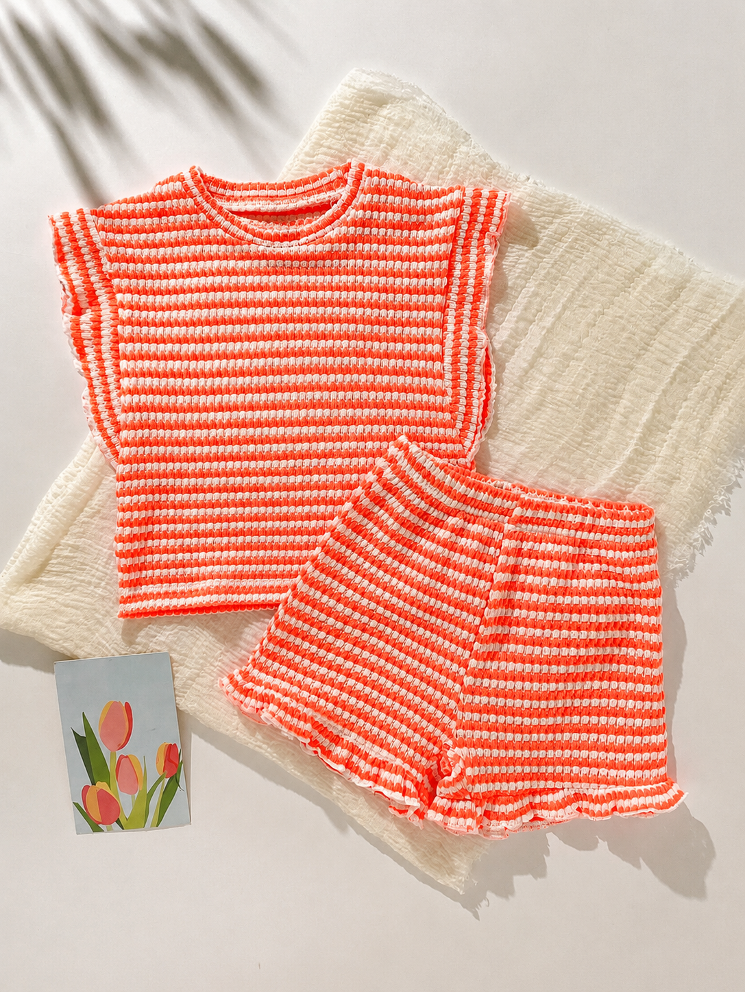 Baby Girl Black & White Striped Ruffle Sleeve T-Shirt & Shorts Set