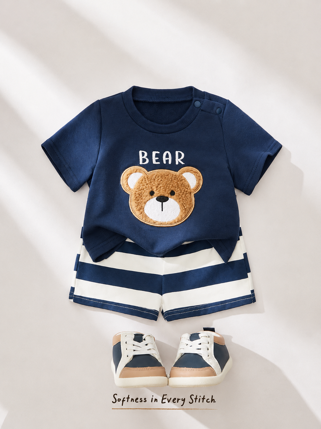 Newborn Boy & Girl Summer Knit Outfit -Cute Cartoon Bear Striped Shirt & Shorts Set