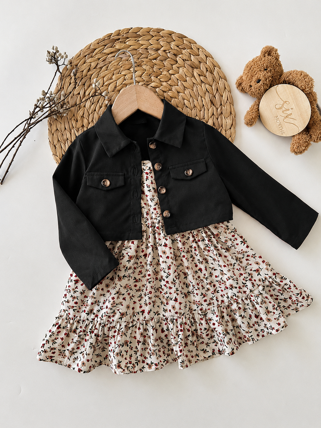 Fall Winter Ditsy Floral Dress and Brown Jacket Set for Toddler Girls