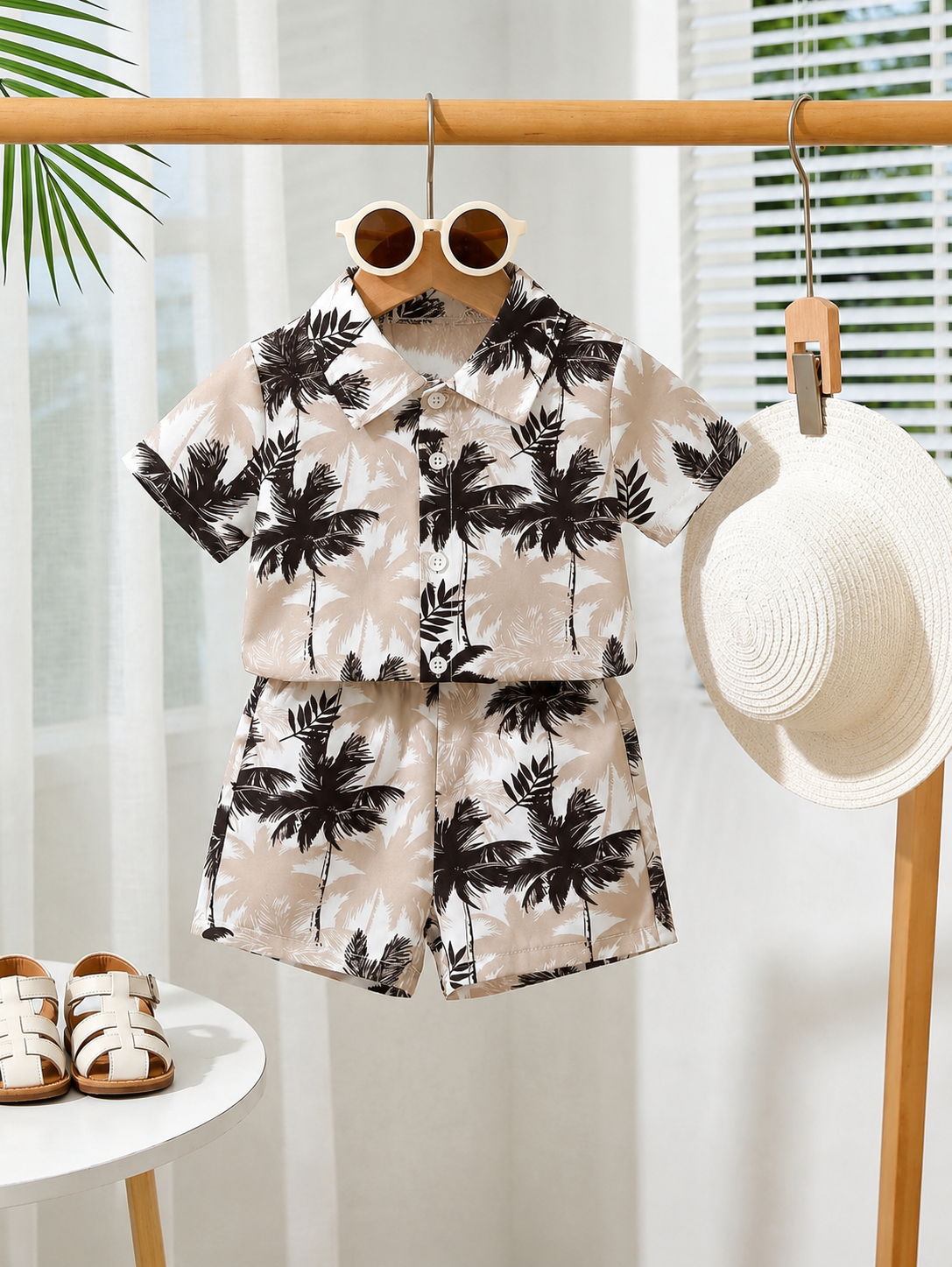 2pcs/Set Baby Boy Tropical Plant Pattern Vacation Outfit (6M-3T)