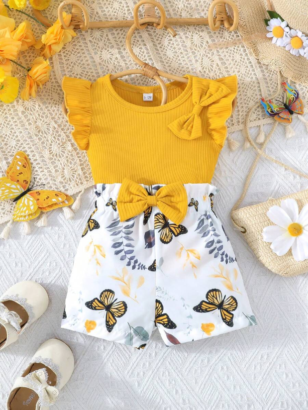 Infant Girls Cap Sleeve Bow Top with Butterfly Print Shorts Summer Set