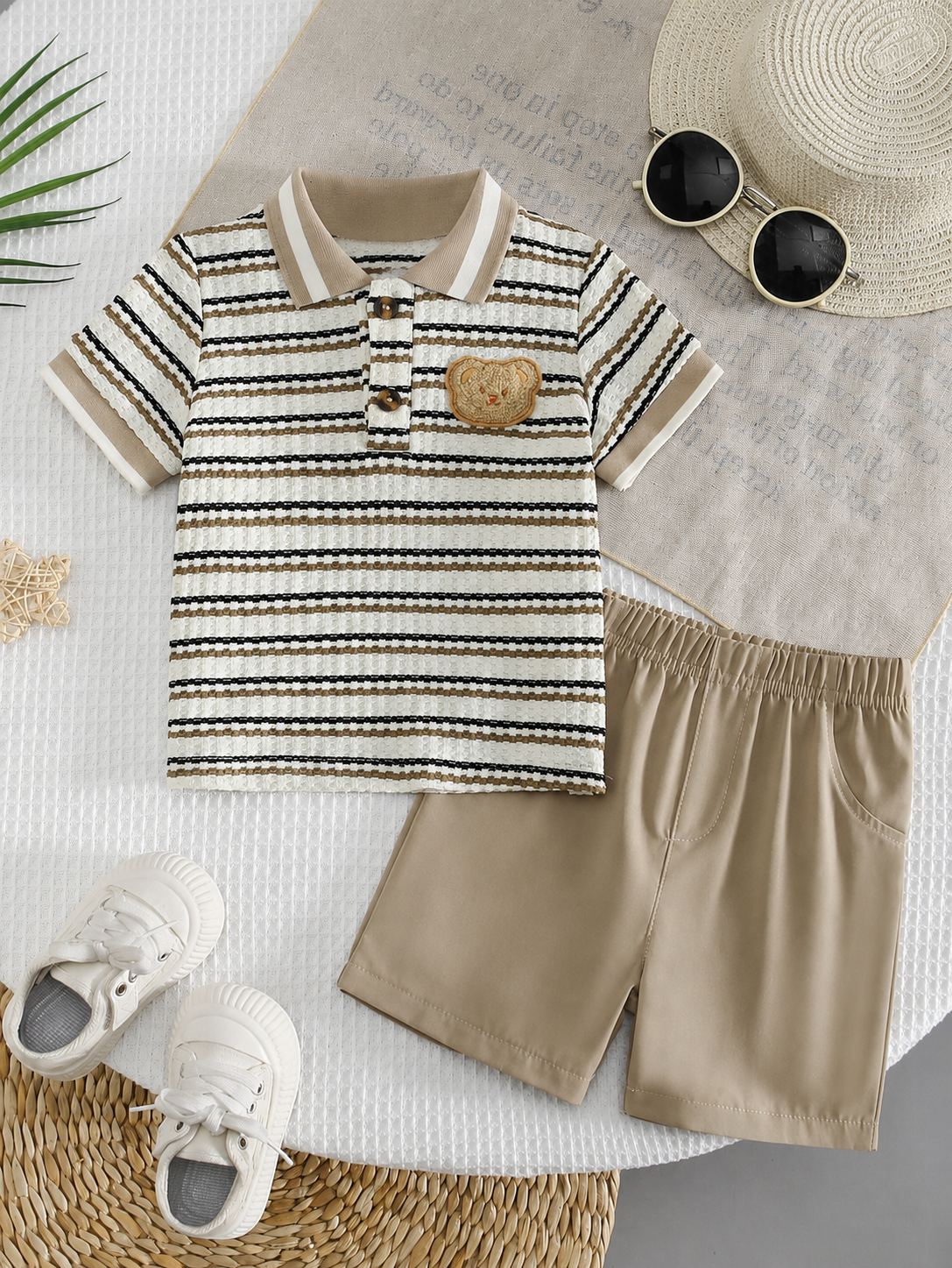 Playful Pals Baby Boy Khaki OOTD: Textured V-Neck and Striped Outfit
