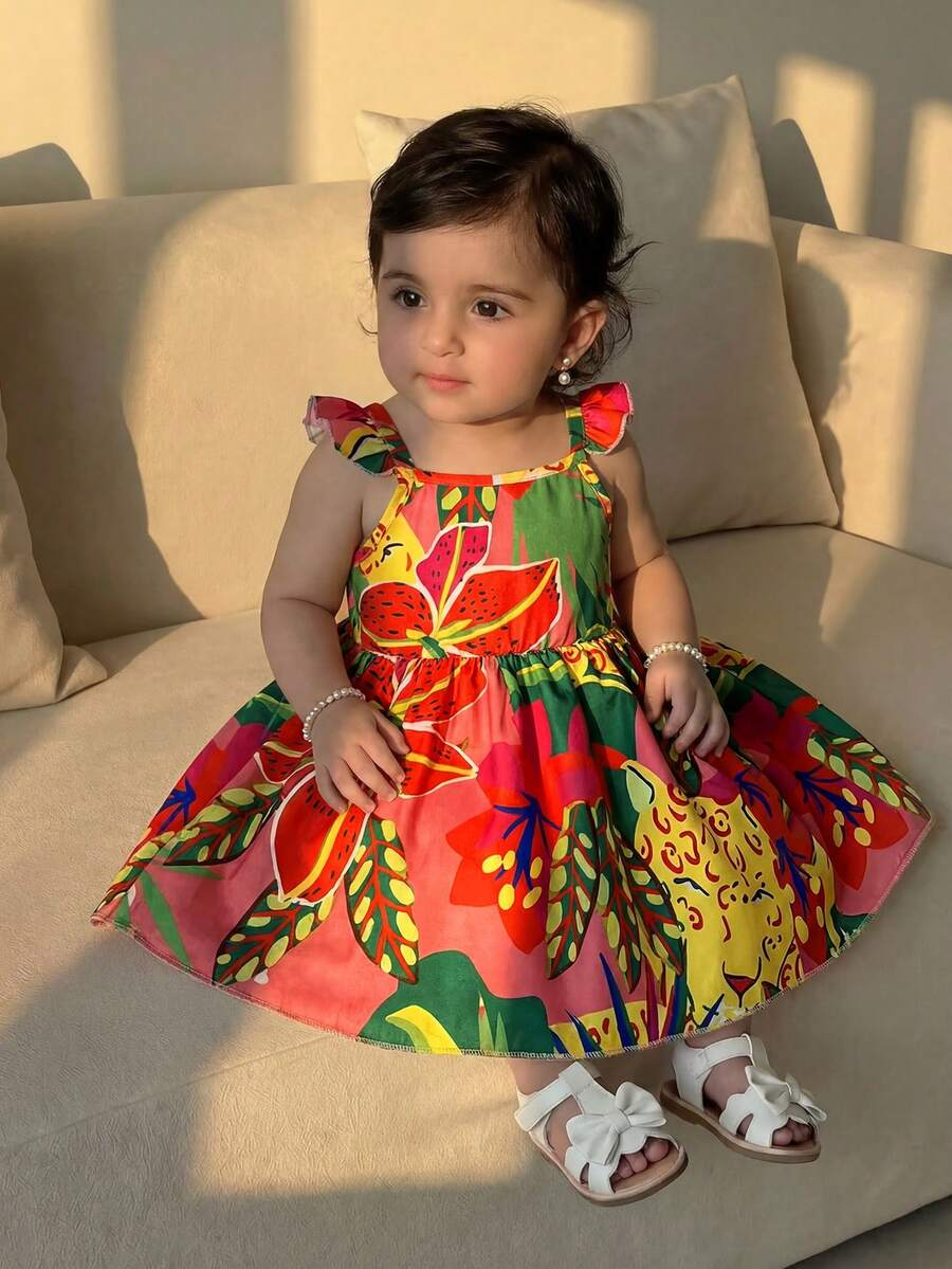 Baby Girl Retro Vintage Floral Dress - Sleeveless Elastic Waist Casual Sundress