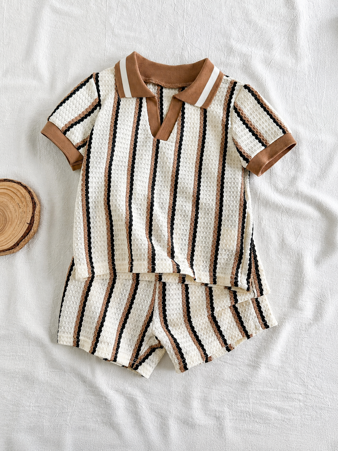 Playful Pals Baby Boy Khaki OOTD: Textured V-Neck and Striped Outfit