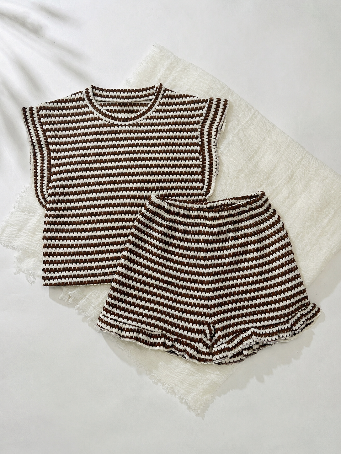 Baby Girl Black & White Striped Ruffle Sleeve T-Shirt & Shorts Set