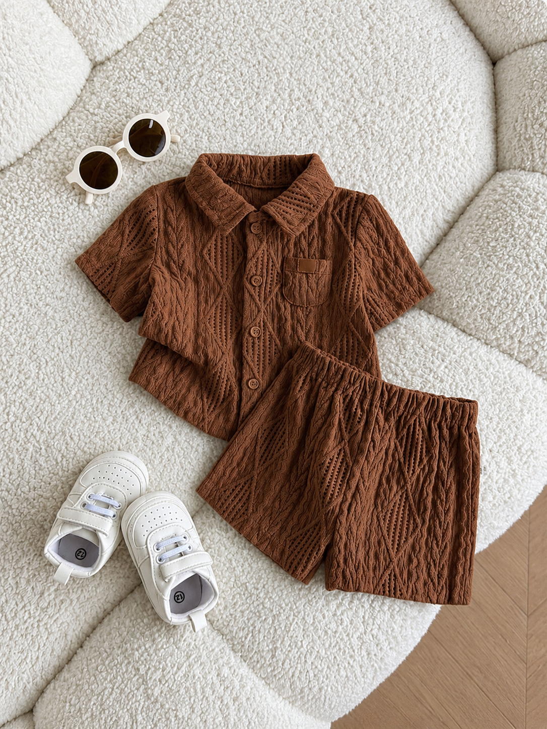 Baby Boy 2pcs Knit Jacquard Summer Set - Short Sleeve Shirt & Elastic Shorts