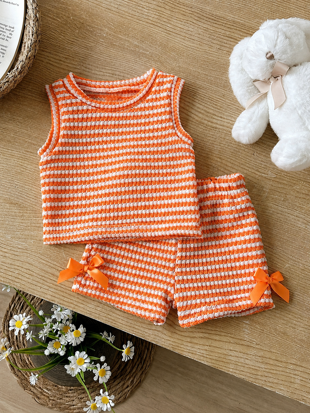 Baby Girl 2pcs Summer Blue Textured Top & Plaid Shorts Outfit