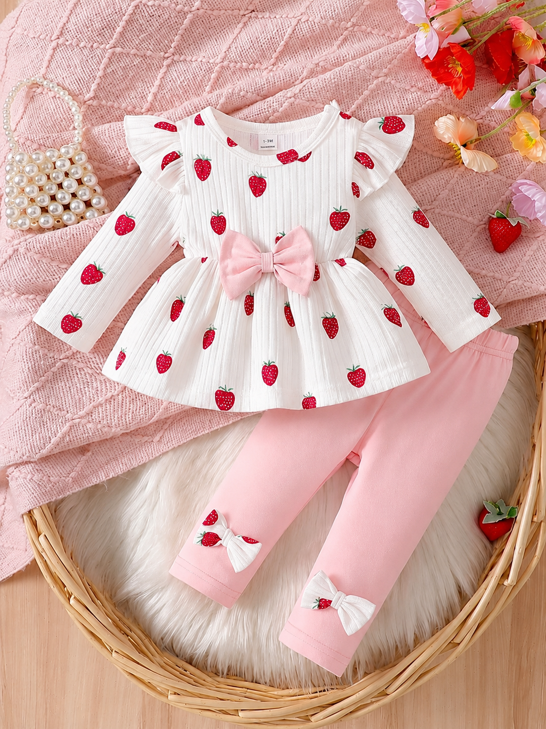 Newborn Spring/Fall Heart Print Pullover And Bow Detail Skinny Pants 2pcs Set For Casual, Outdoor & Christmas Wear