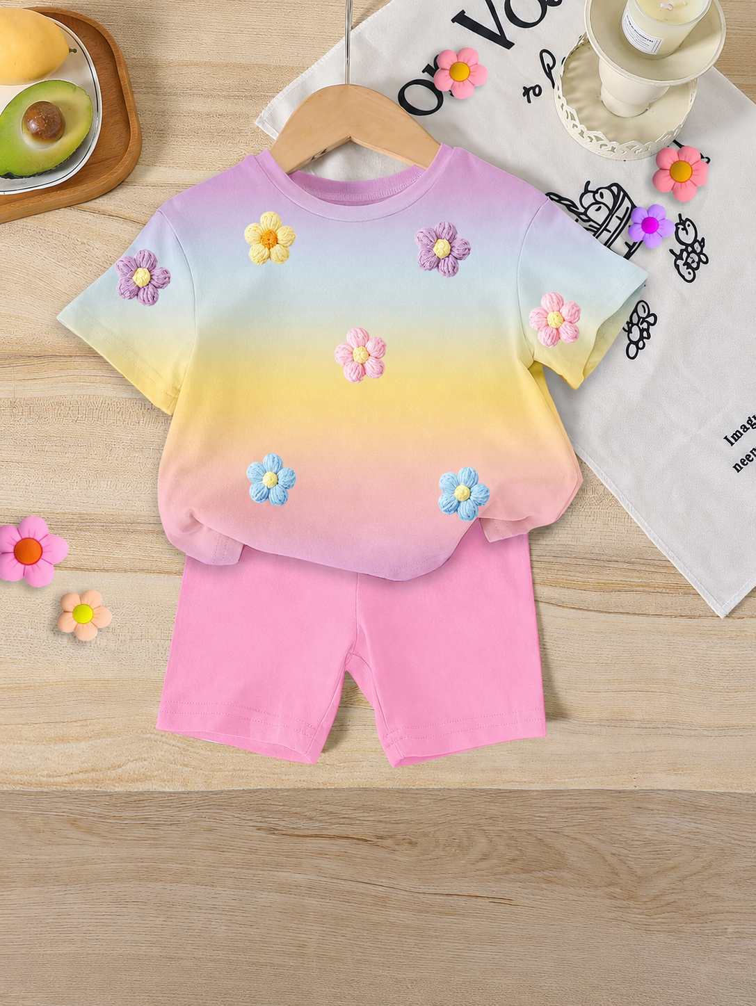 Lemon Fruit & Letter Print Short Sleeve Top and Shorts Set for Baby Girls
