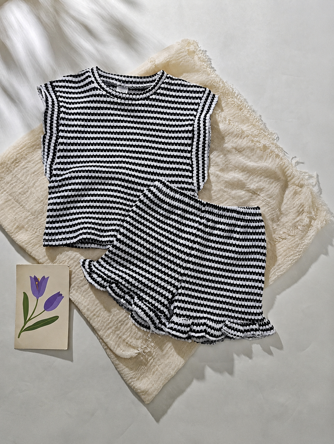 Baby Girl Black & White Striped Ruffle Sleeve T-Shirt & Shorts Set