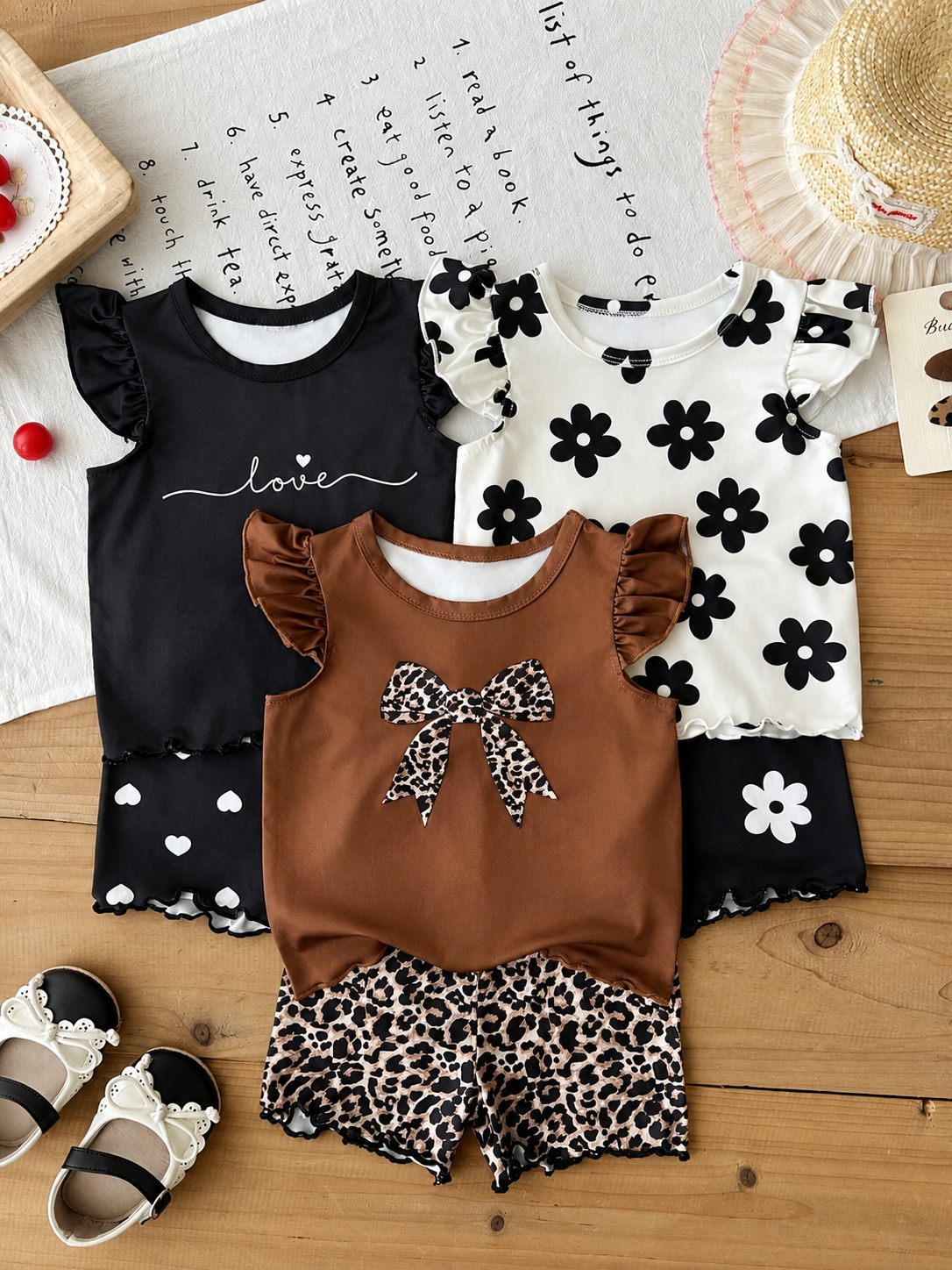 8-Piece Multi-Color Ribbed Short Sleeve Top and Shorts Set for Baby Girls