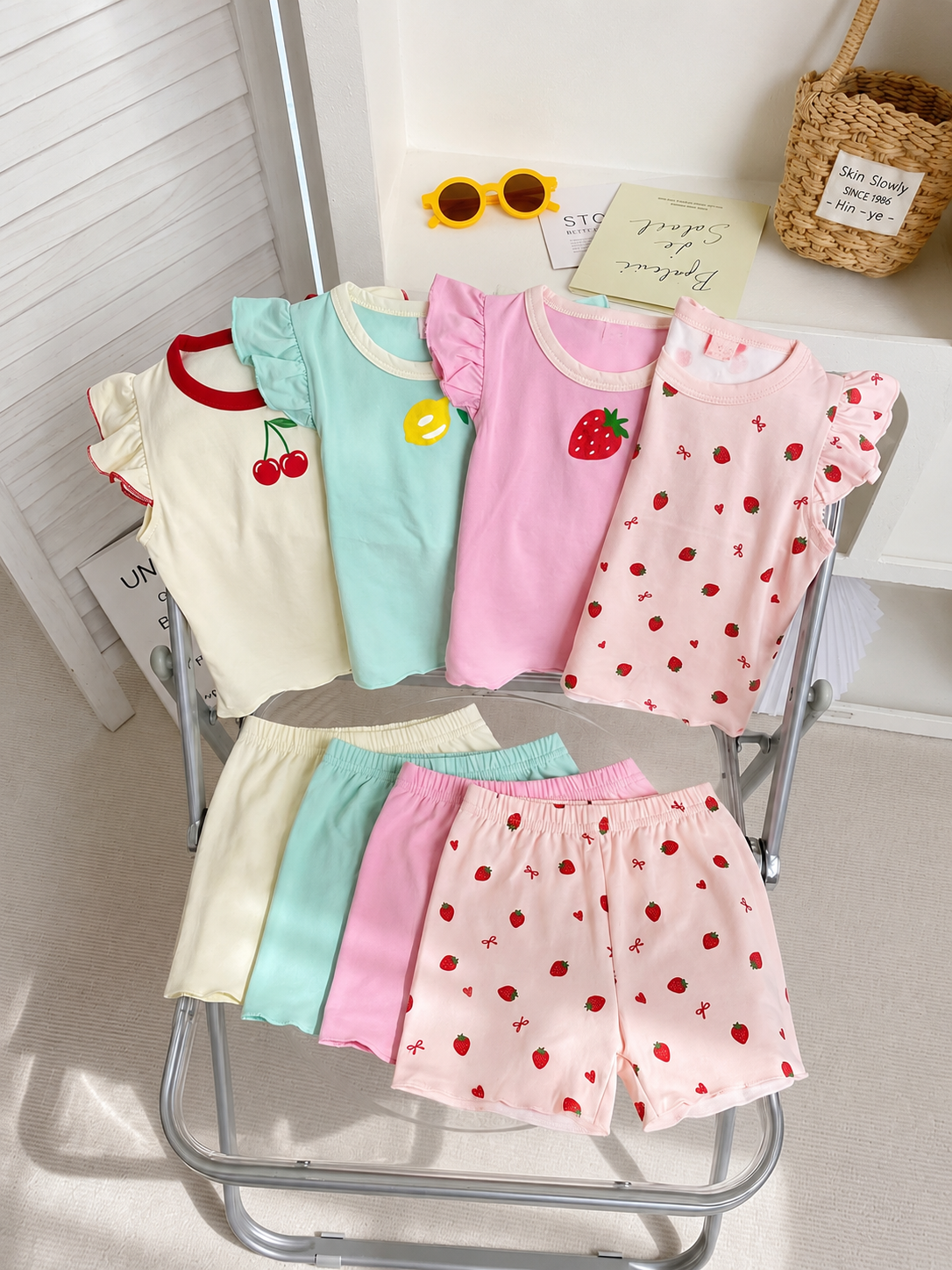 8-Piece Multi-Color Ribbed Short Sleeve Top and Shorts Set for Baby Girls