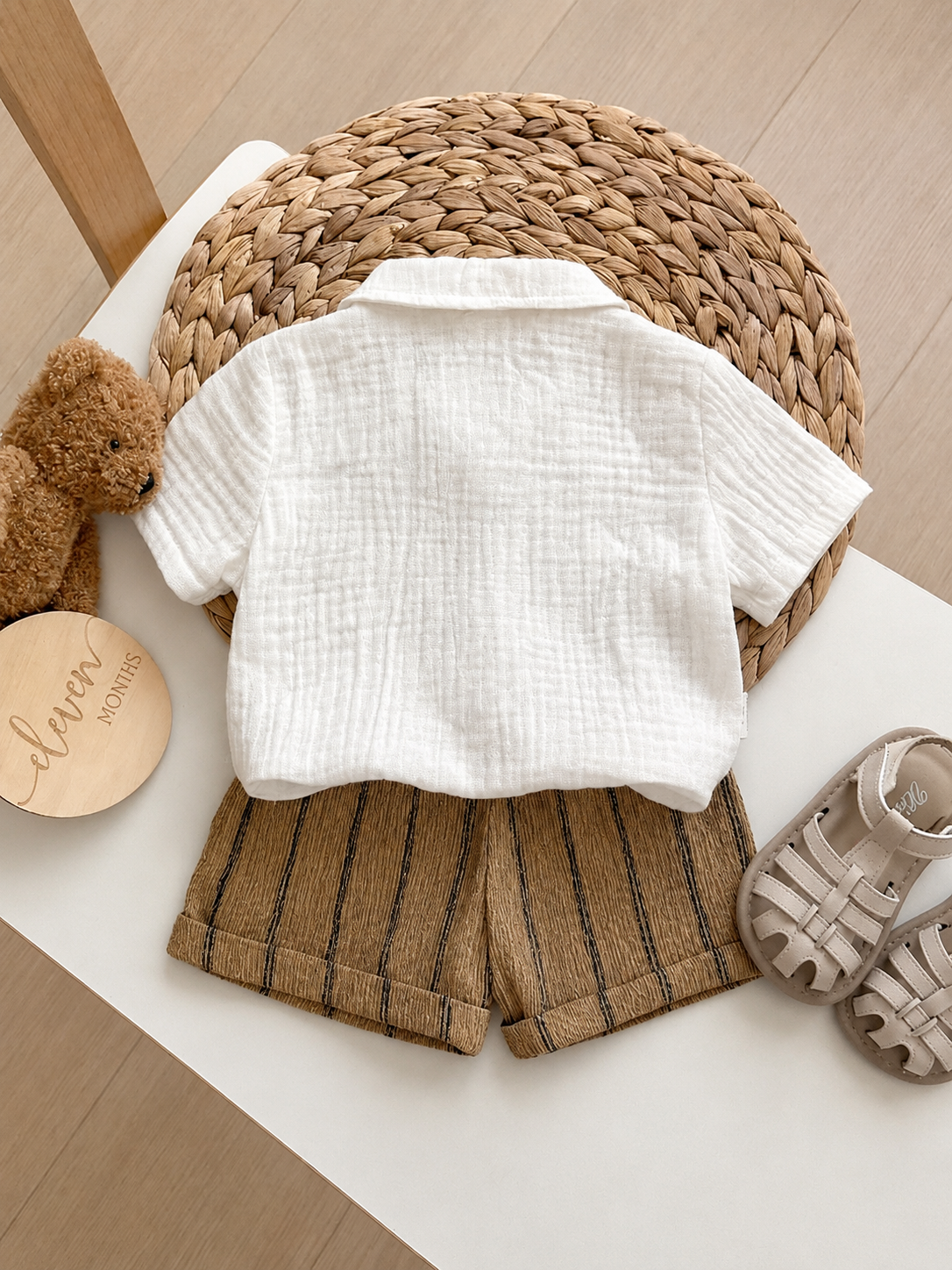 Baby Boy 2pcs Knit Jacquard Summer Set - Short Sleeve Shirt & Elastic Shorts