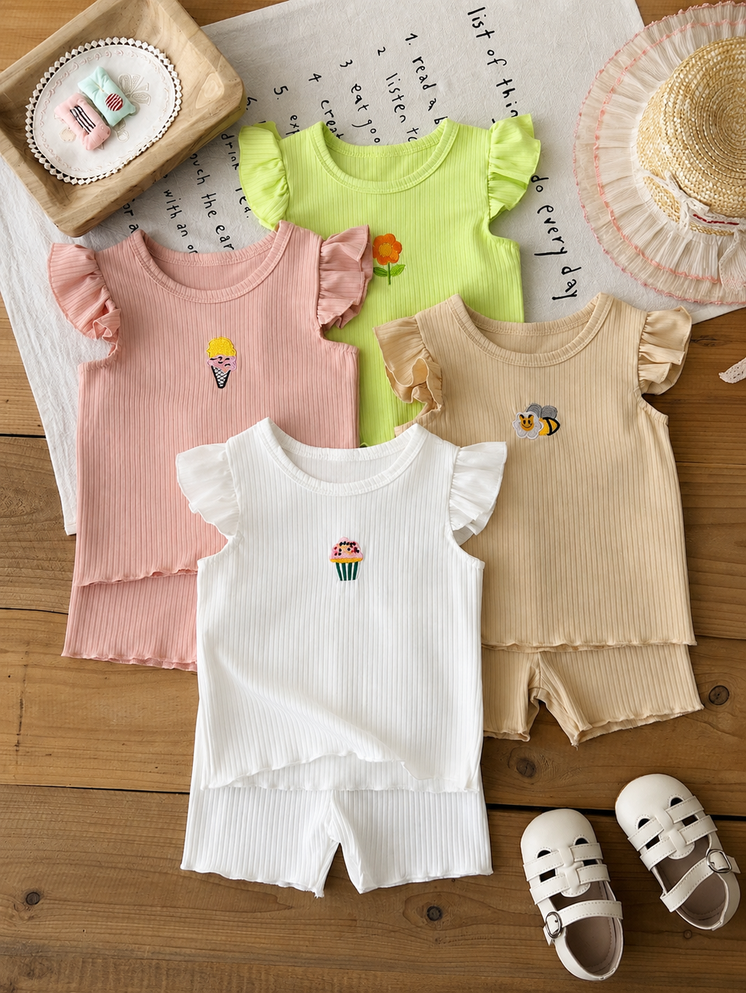 8-Piece Multi-Color Ribbed Short Sleeve Top and Shorts Set for Baby Girls