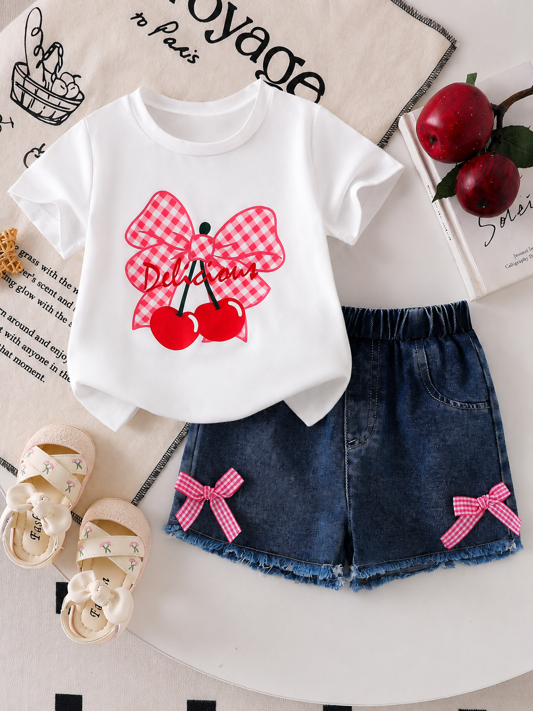 Cherry Print T-Shirt and Embroidery Pattern Contrast Shorts Set for Baby Girls
