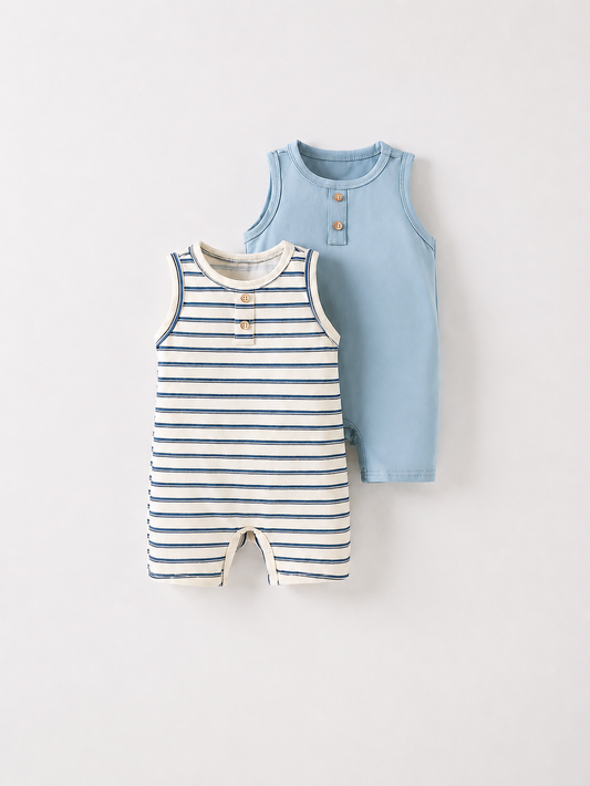 Cartoon Pattern and Solid Color Sleeveless Romper and Shorts 2-Piece Set for Baby Boys