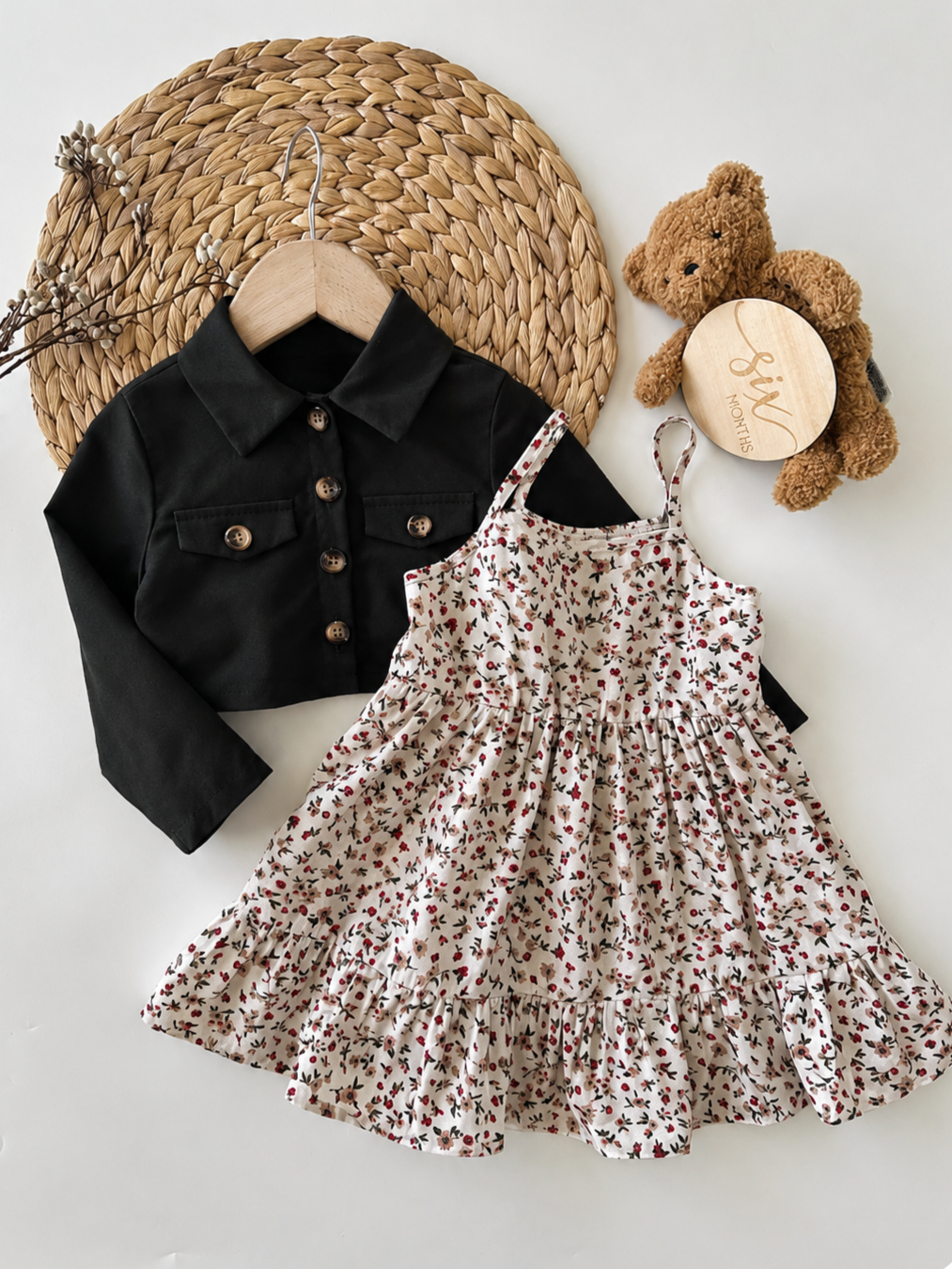 Fall Winter Ditsy Floral Dress and Brown Jacket Set for Toddler Girls