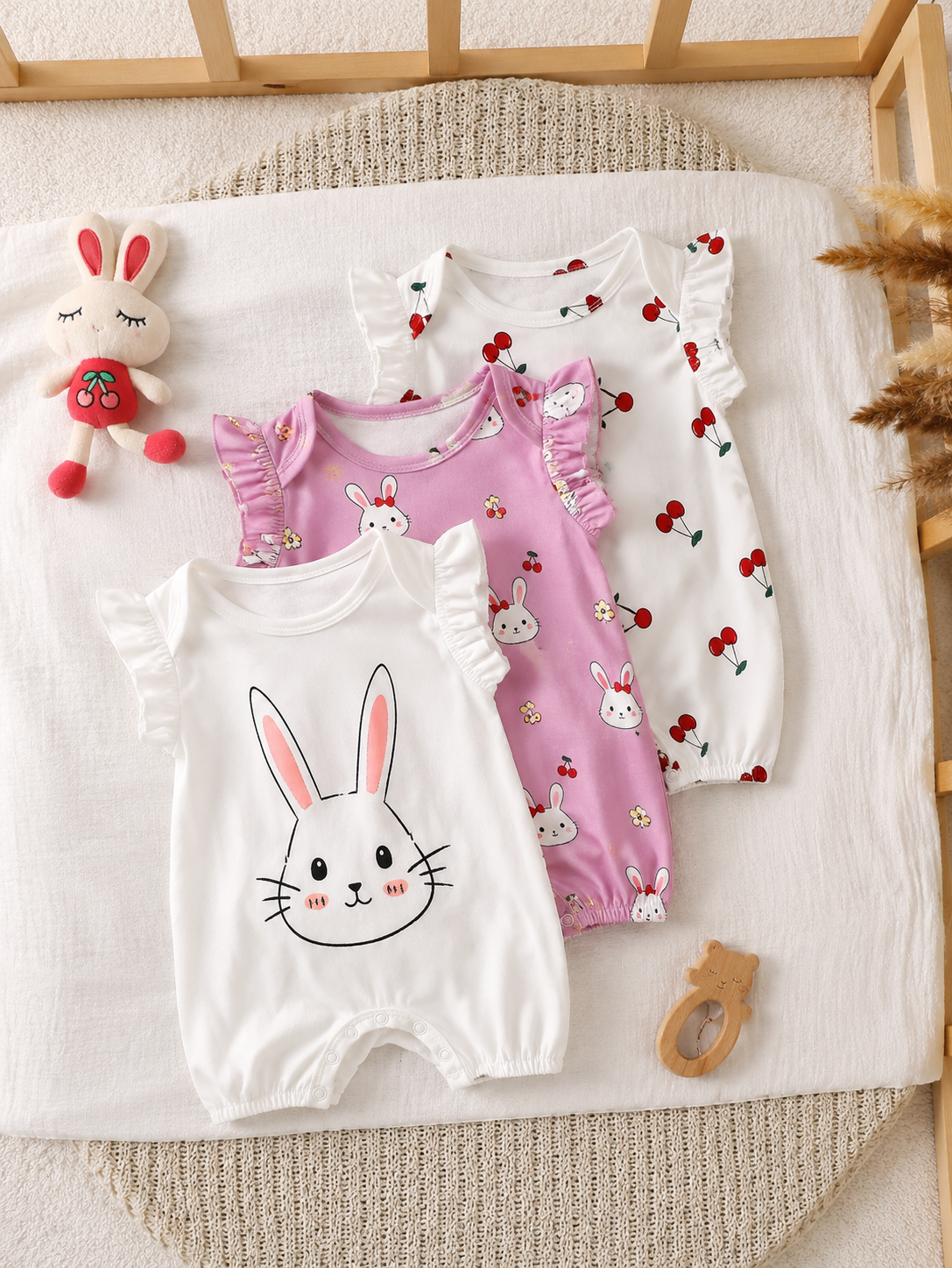 Newborn Soft Knit Summer Romper Set - 3pcs Cute Cartoon Graphic Outfits