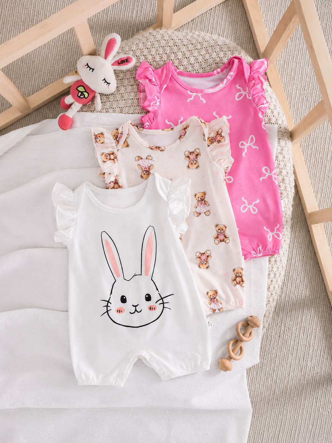Newborn Soft Knit Summer Romper Set - 3pcs Cute Cartoon Graphic Outfits