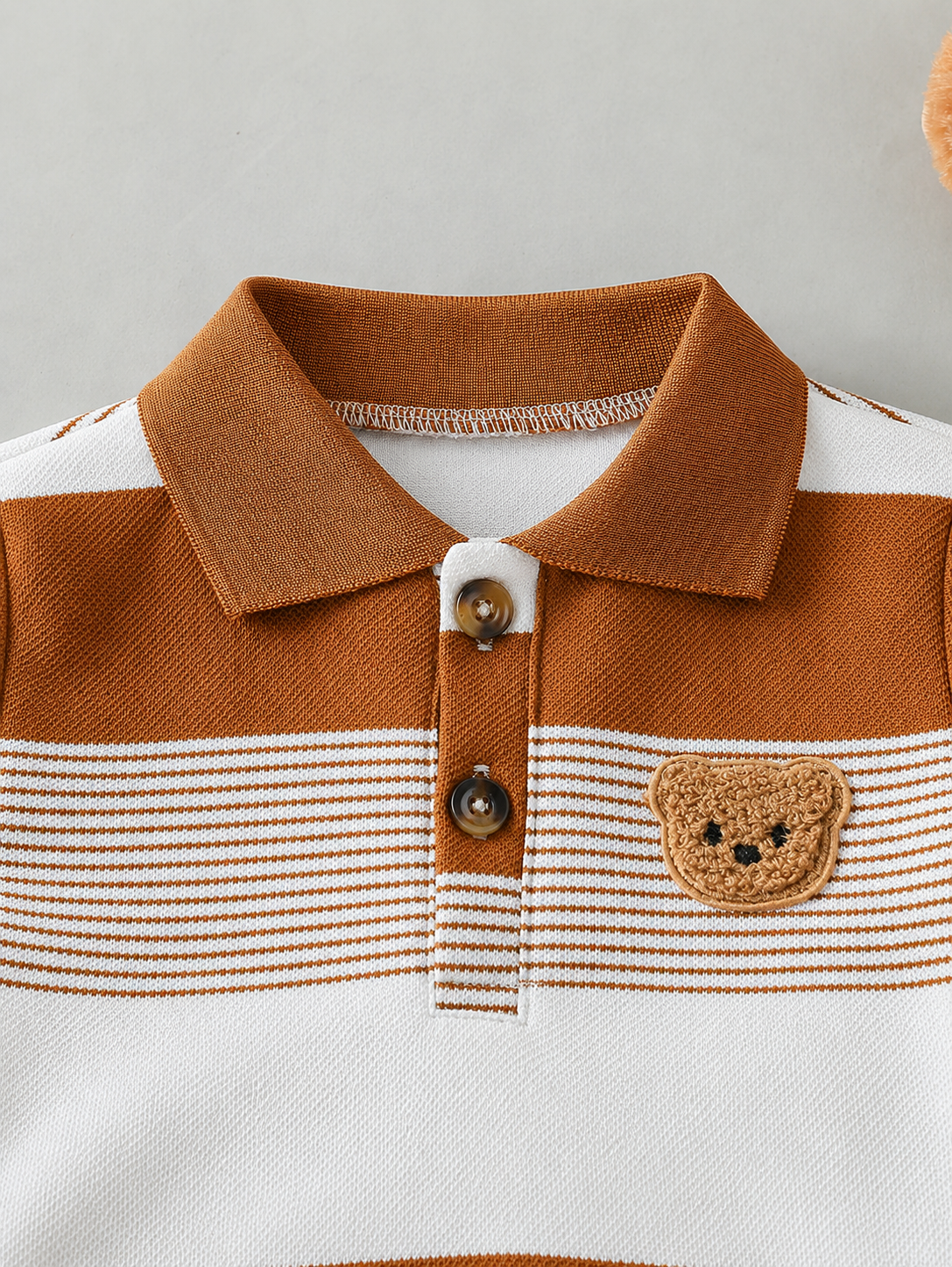 Infant Boys Casual Striped Short Sleeve Polo and Shorts Set with Bear Embroidery