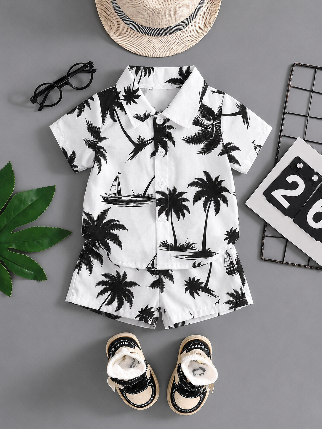 2pcs/Set Baby Boy Tropical Plant Pattern Vacation Outfit (6M-3T)