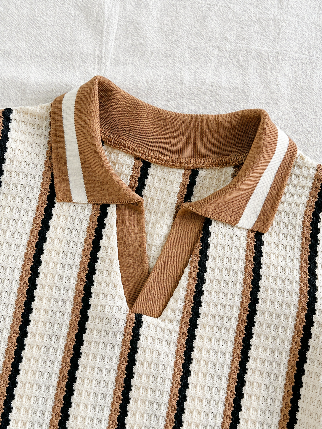 Playful Pals Baby Boy Khaki OOTD: Textured V-Neck and Striped Outfit