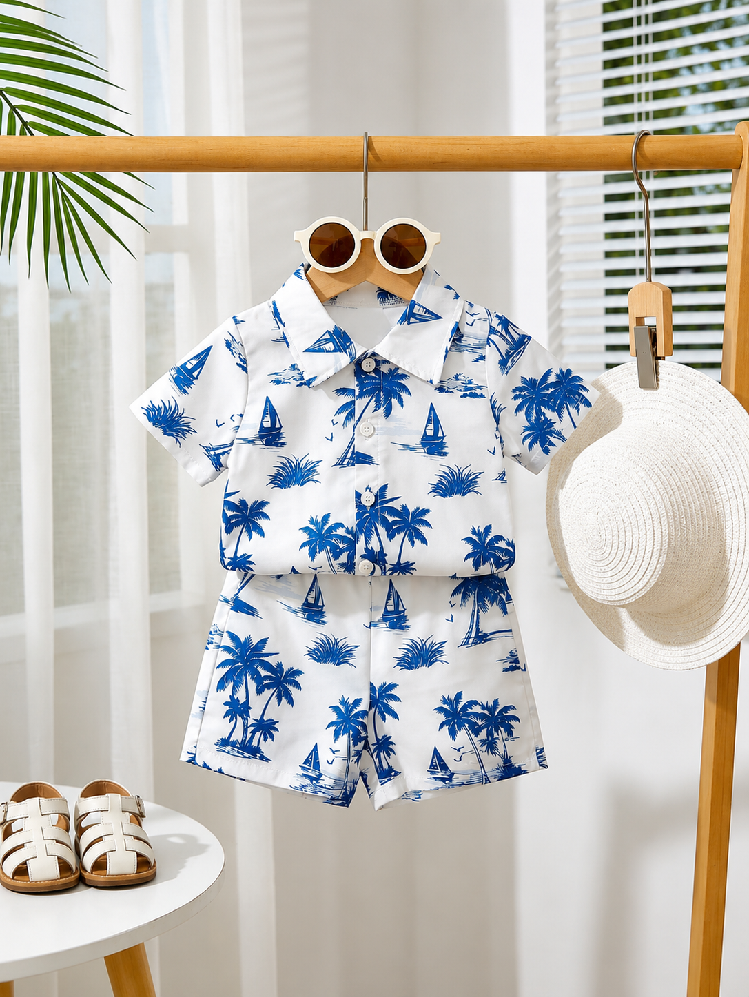 2pcs/Set Baby Boy Tropical Plant Pattern Vacation Outfit (6M-3T)