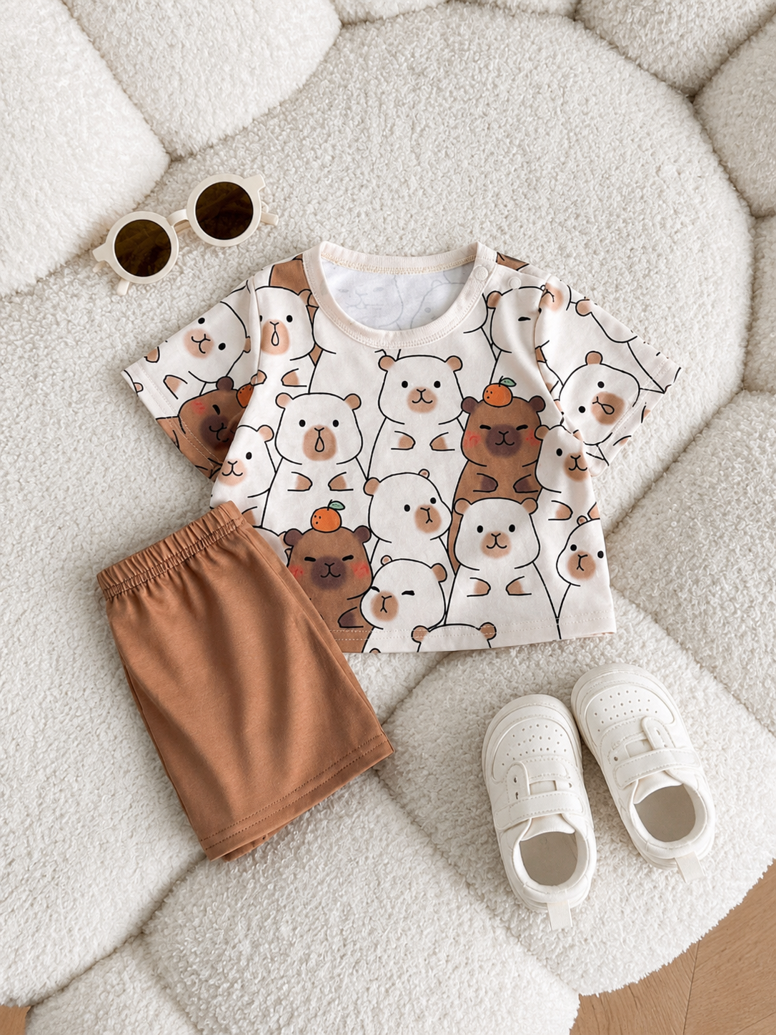 Newborn Boy & Girl Summer Knit Outfit -Cute Cartoon Bear Striped Shirt & Shorts Set