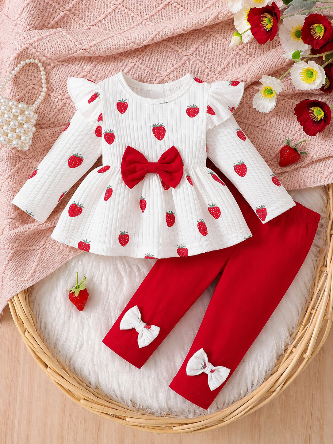 Newborn Spring/Fall Heart Print Pullover And Bow Detail Skinny Pants 2pcs Set For Casual, Outdoor & Christmas Wear