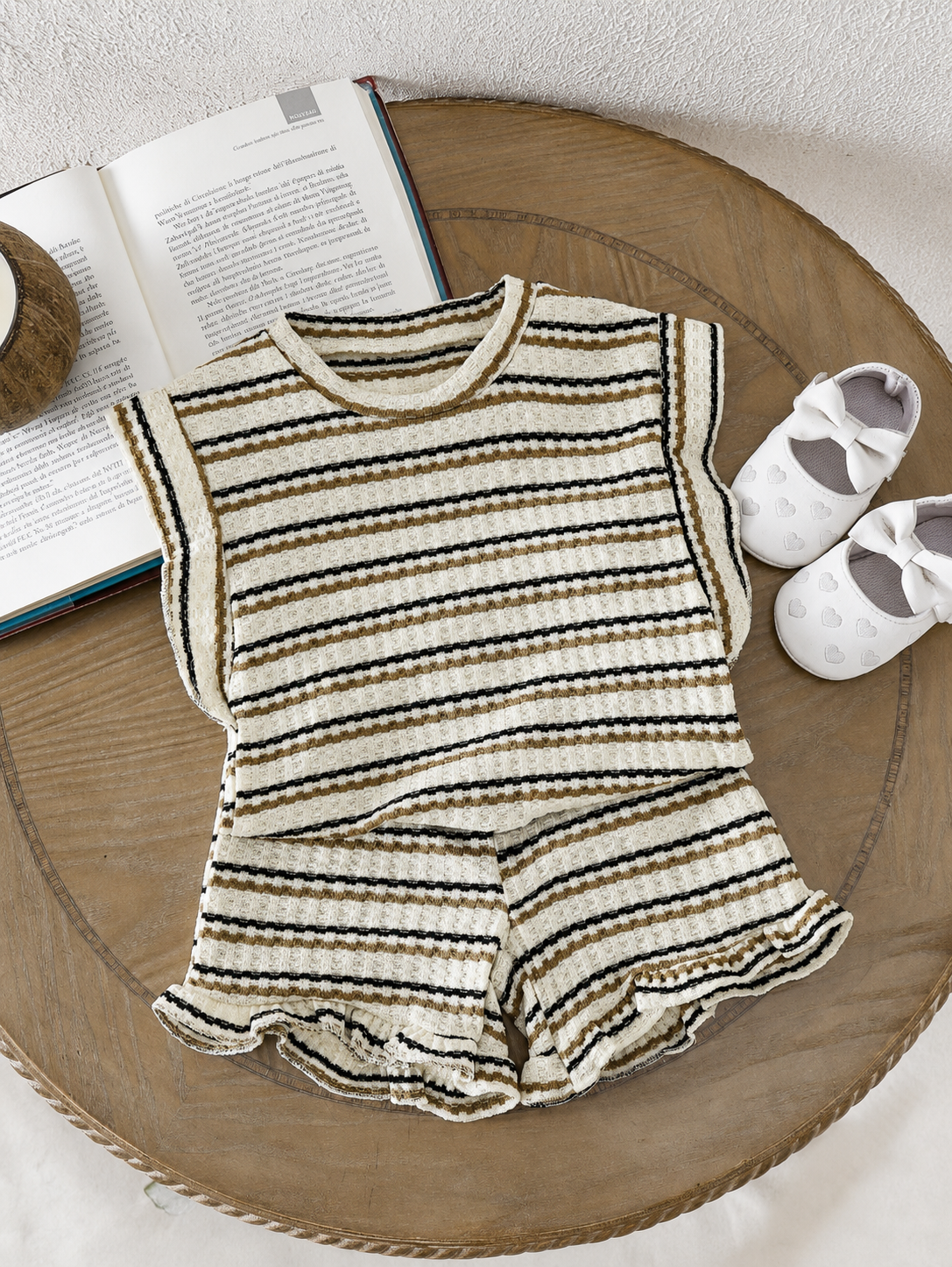 Baby Girl Black & White Striped Ruffle Sleeve T-Shirt & Shorts Set