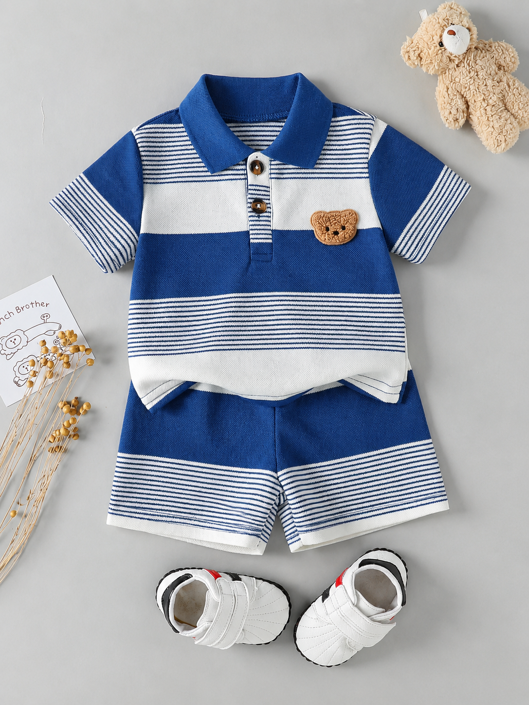 Infant Boys Casual Striped Short Sleeve Polo and Shorts Set with Bear Embroidery