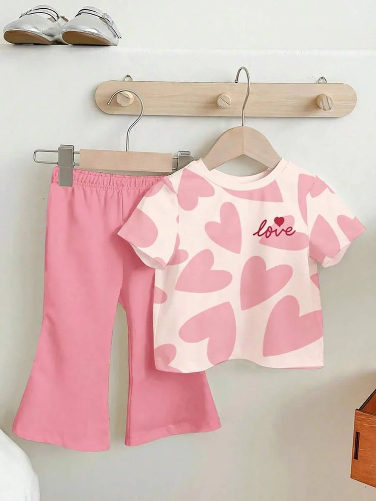 Soft Round Neck Short Sleeve Top and Flexible Flare Leg Trousers Casual Spring Summer Clothes Set for Girls