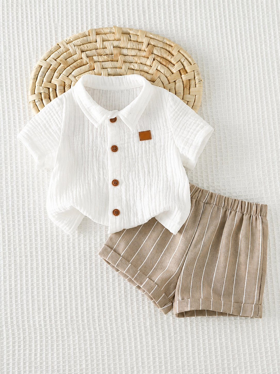 Baby Boy 2pcs Knit Jacquard Summer Set - Short Sleeve Shirt & Elastic Shorts