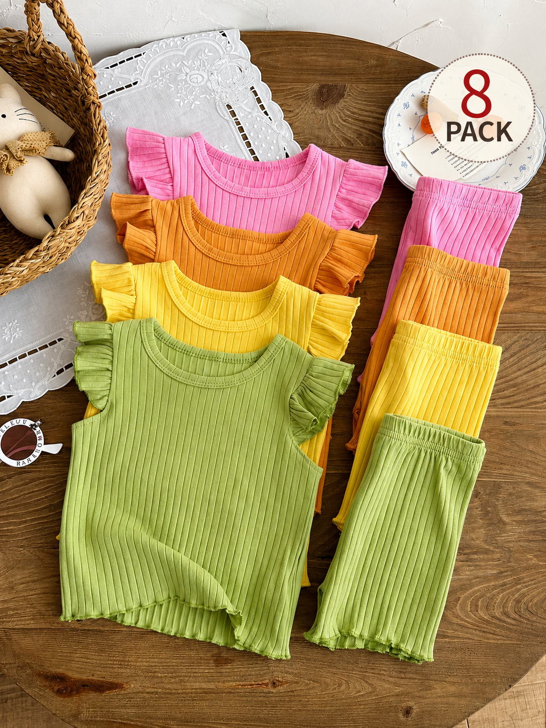 8-Piece Multi-Color Ribbed Short Sleeve Top and Shorts Set for Baby Girls