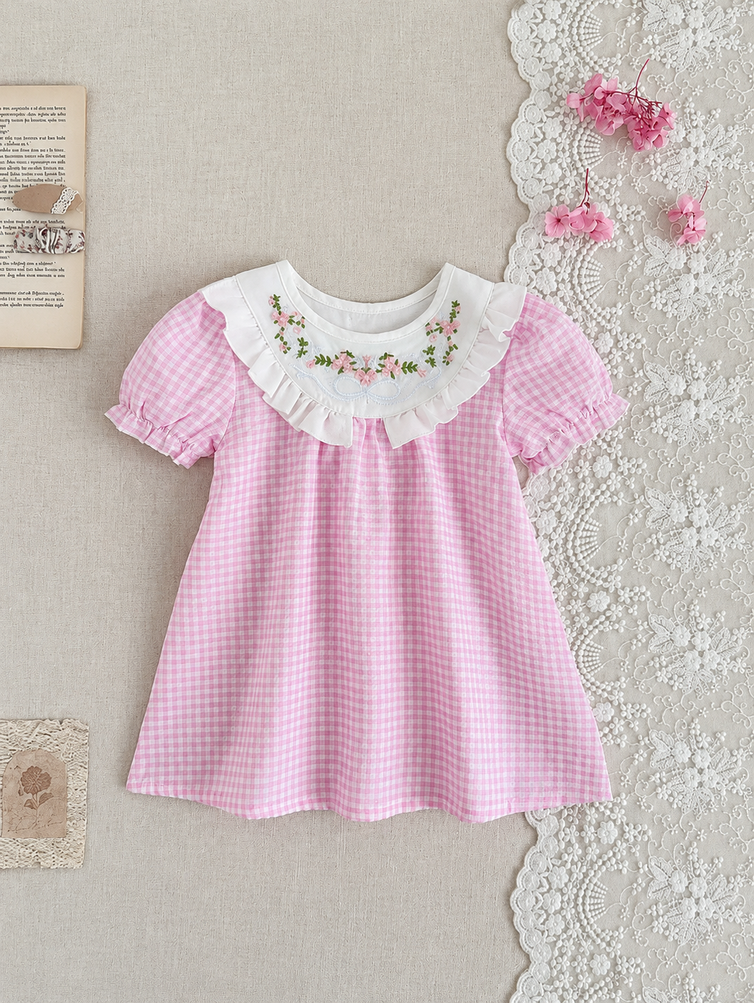Infant Girl Peter Pan Collar Floral Embroidered Summer Dress for Casual Wear