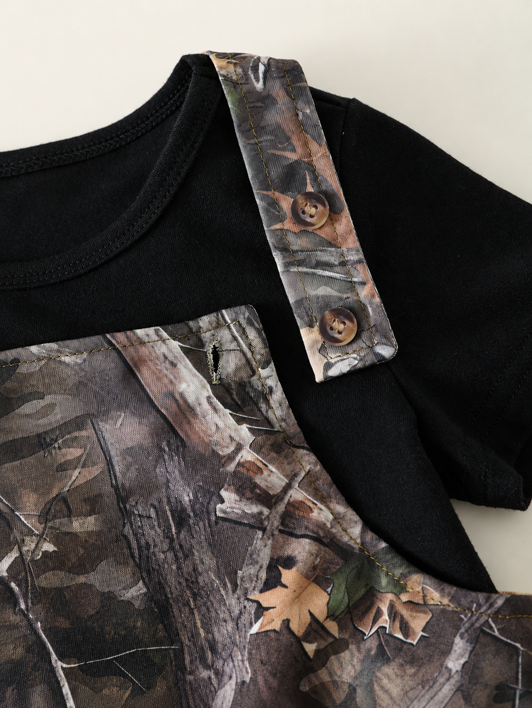 2-Piece Toddler Boy Outfit: Black Graphic T-Shirt and Camo Bib Shorts