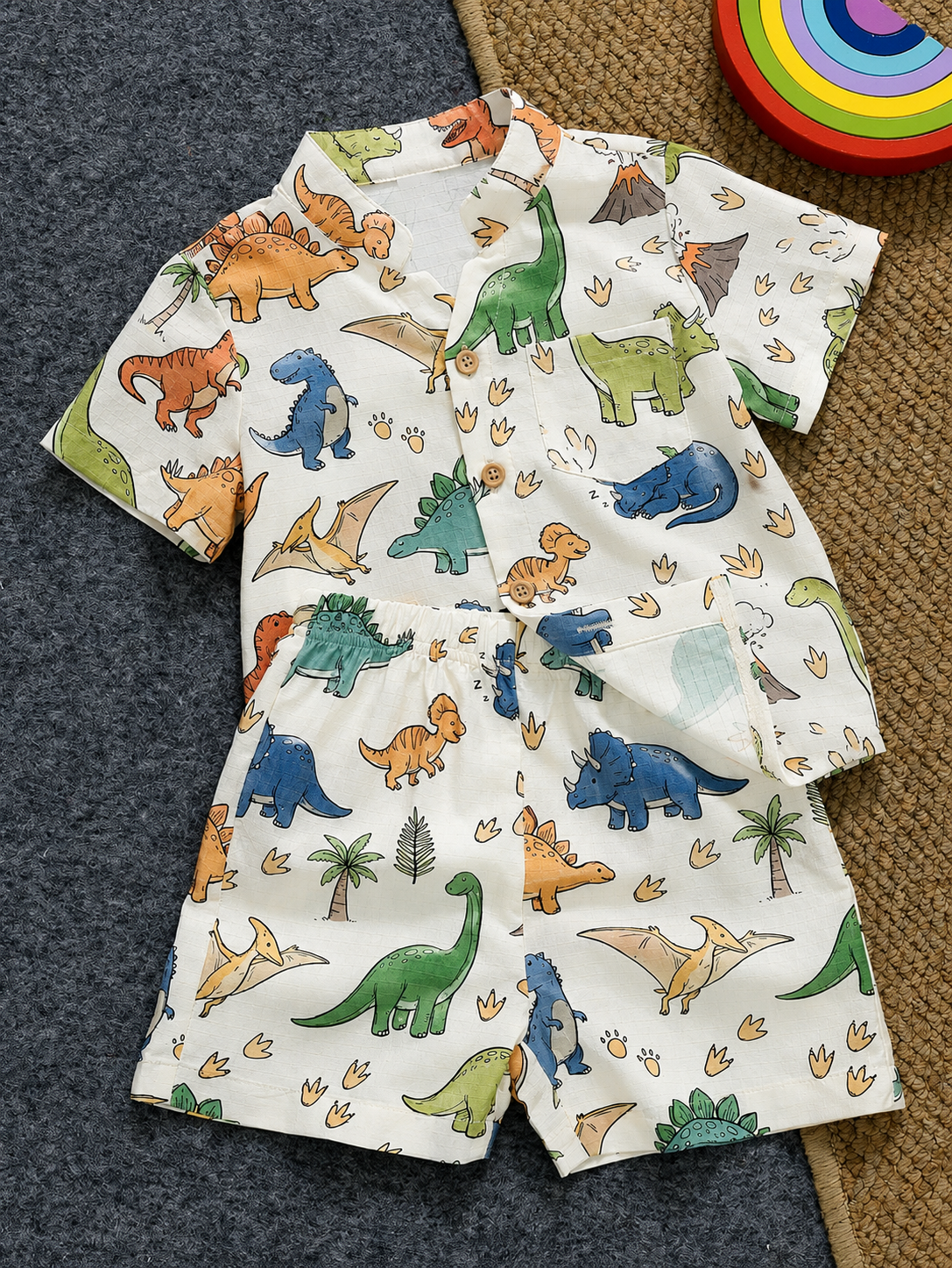 Toddler Boy Summer Vacation Outfit: Plant Print Shirt and Elastic Waist Shorts