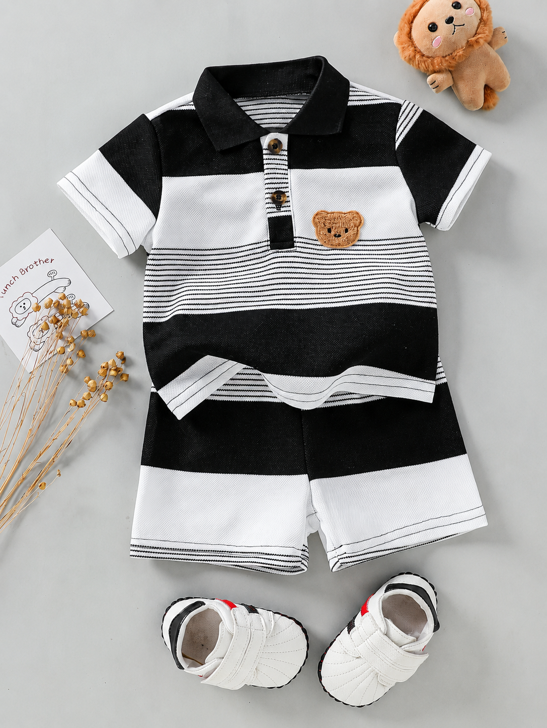 Infant Boys Casual Striped Short Sleeve Polo and Shorts Set with Bear Embroidery