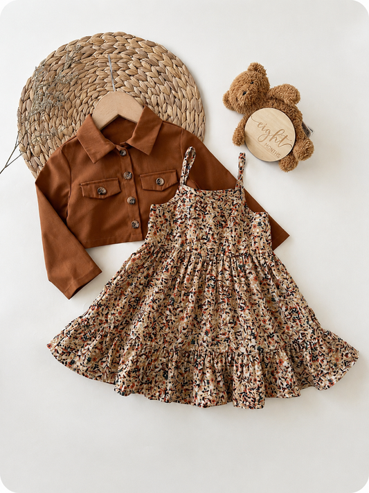 Fall Winter Ditsy Floral Dress and Brown Jacket Set for Toddler Girls