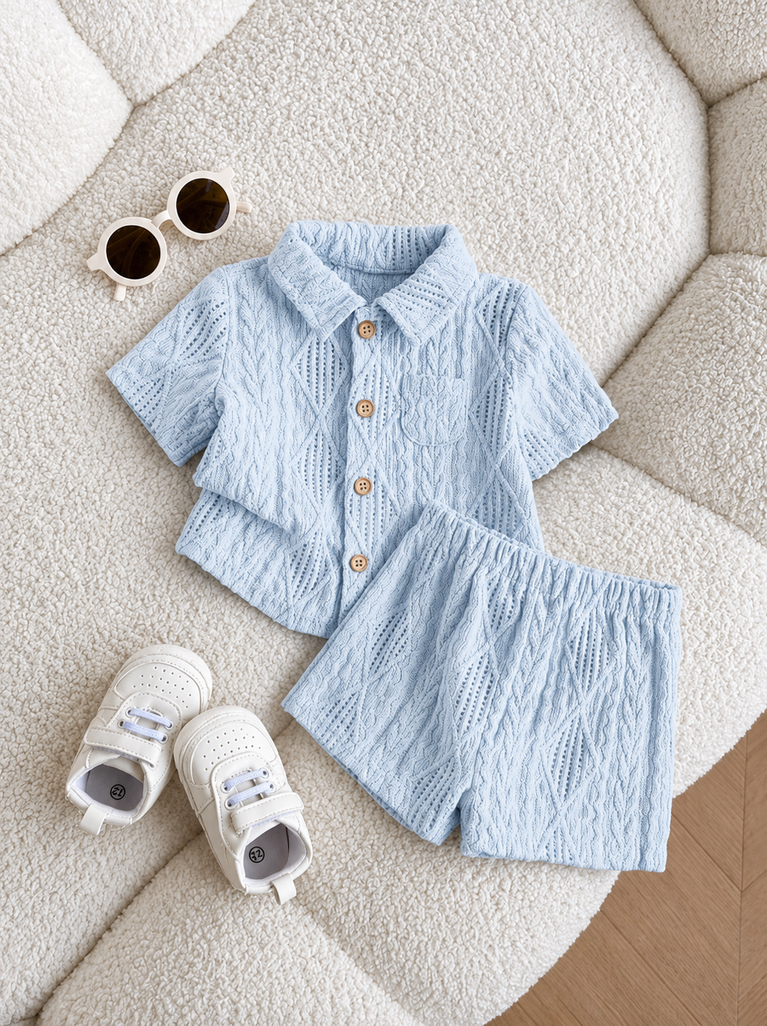 Baby Boy 2pcs Knit Jacquard Summer Set - Short Sleeve Shirt & Elastic Shorts